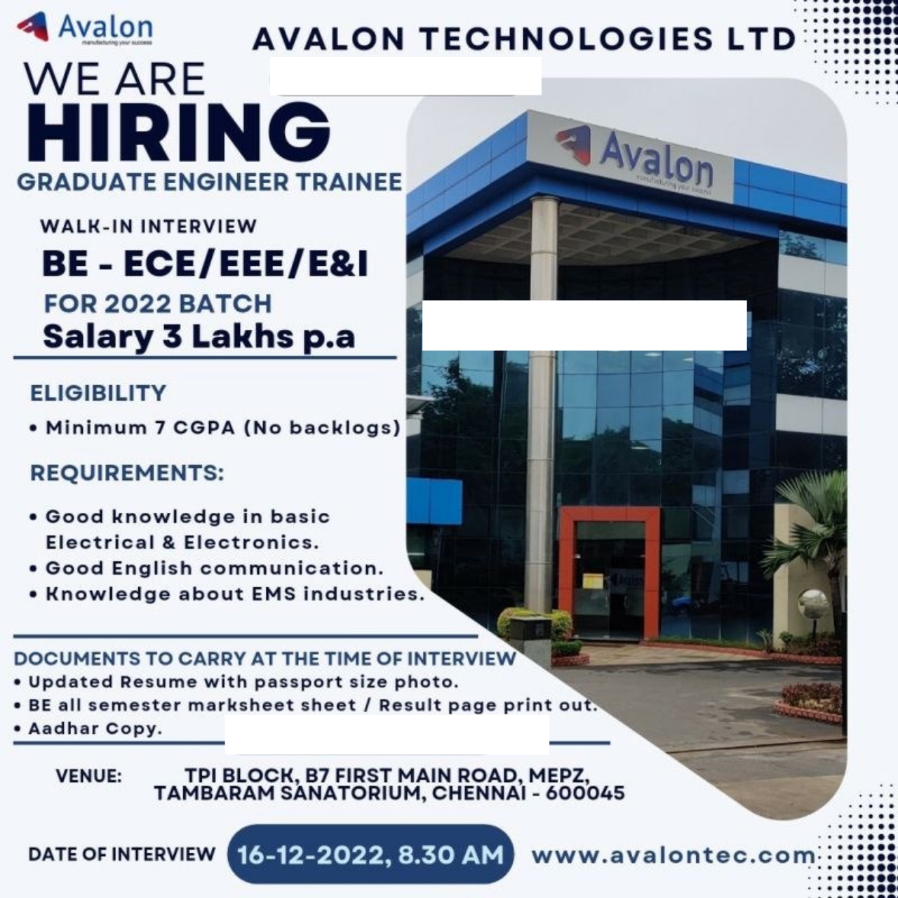 Avalon Technologies Is Hiring Salary Tamil Careers